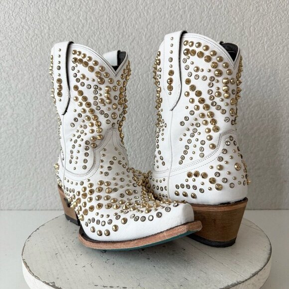 Lane DOLLY Womens Cowboy Bootie 8.5 White Gold Western Cowgirl Short Ankle Boots - Picture 1 of 13